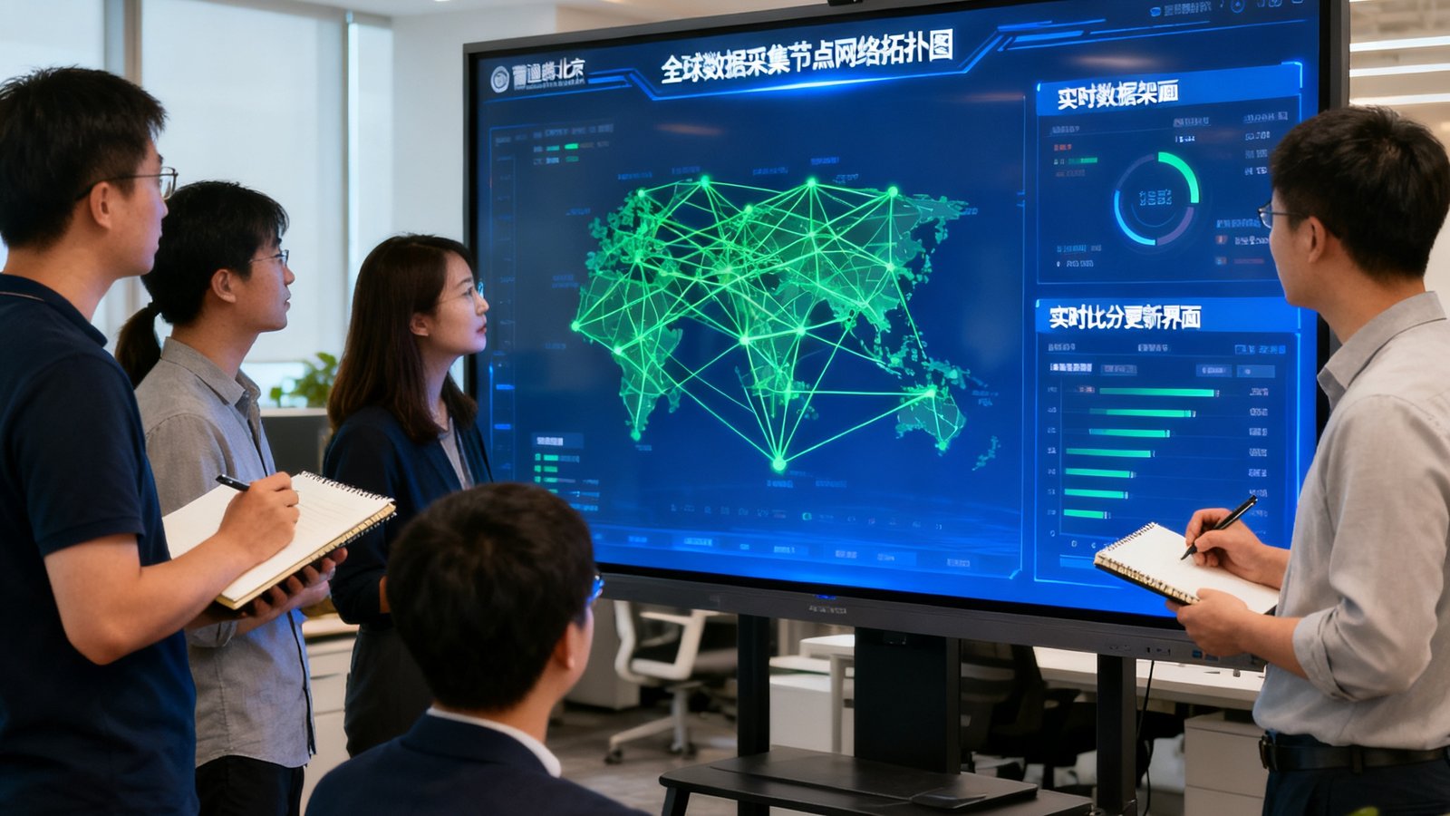 雷速比分网北京技术团队在开放式办公室中围绕大型显示器讨论实时数据架构，显示器上展示着全球数据采集节点的网络拓扑图和实时比分更新界面，团队成员专注地记录和分析数据
