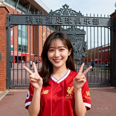 一位在伦敦留学的中国女球迷的自拍头像，她穿着利物浦红色球衣，站在安菲尔德球场外的标志性大门前微笑